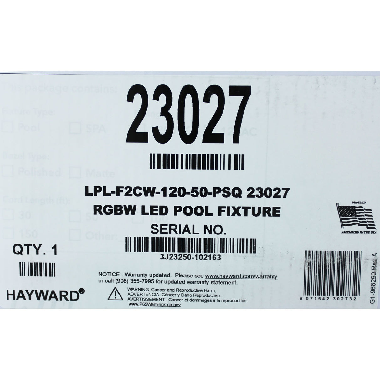 Pool Light, Color Splash XGW 500, RGBW LED, 115V, 58W, 50ft, SQ : LPL-F2CW-120-50-PSQ