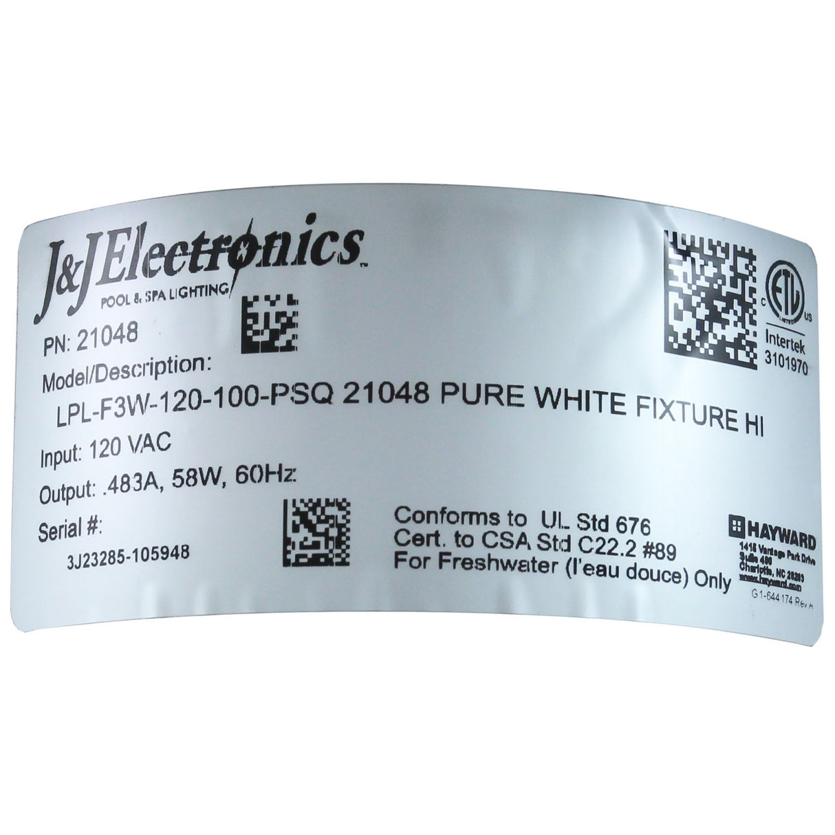 Pool Light, PureWhite LED, 115V, 58W, 100ft, 500W Equivalent, SQ : LPL-F3W-120-100-PSQ
