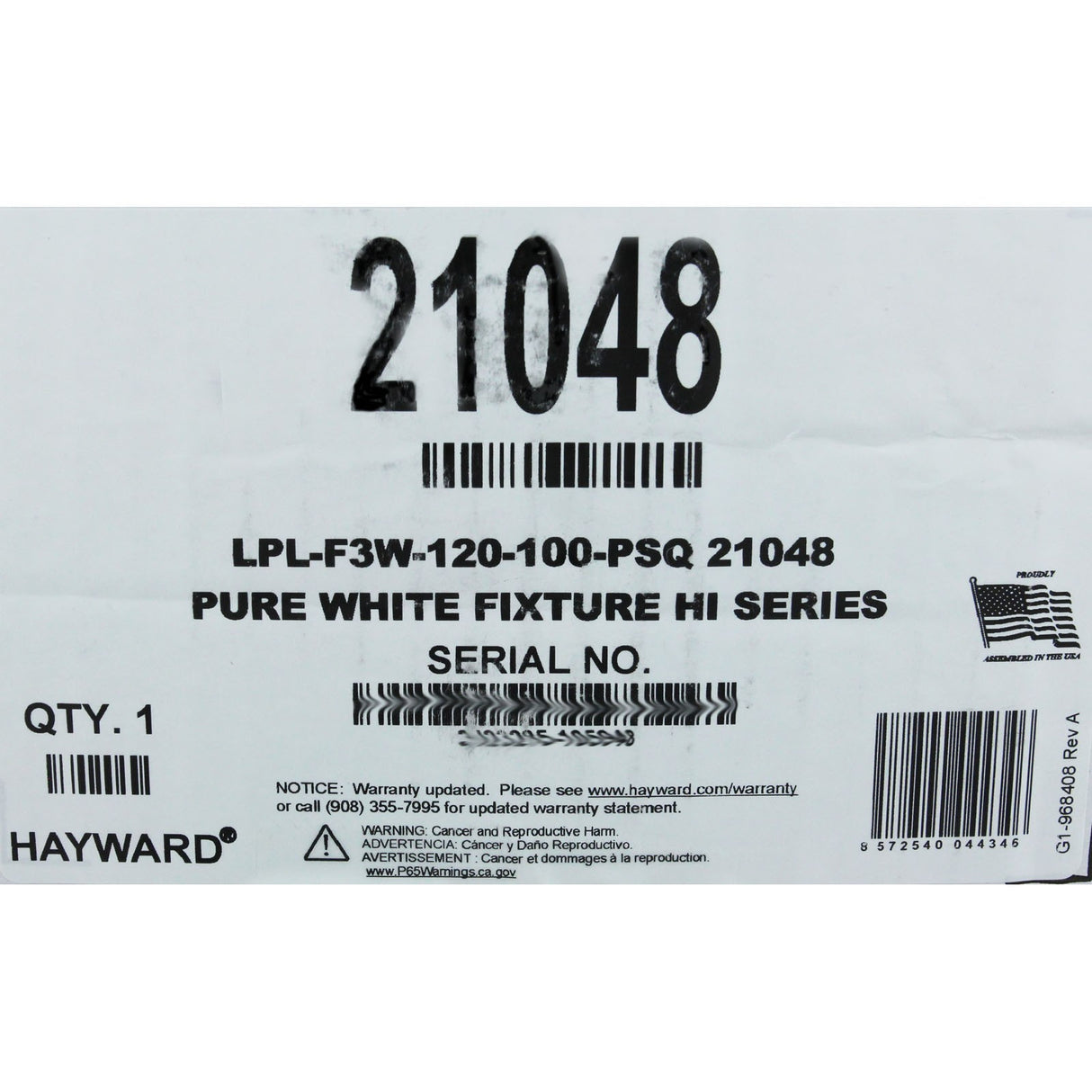 Pool Light, PureWhite LED, 115V, 58W, 100ft, 500W Equivalent, SQ : LPL-F3W-120-100-PSQ