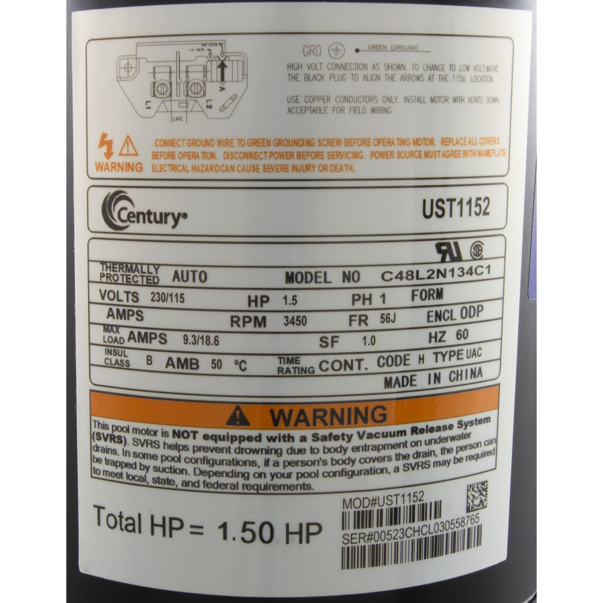 Mtr, Cent, 1.5Hp, 115/230V, 1-Sp, Sf1, 56Jfr : UST1152