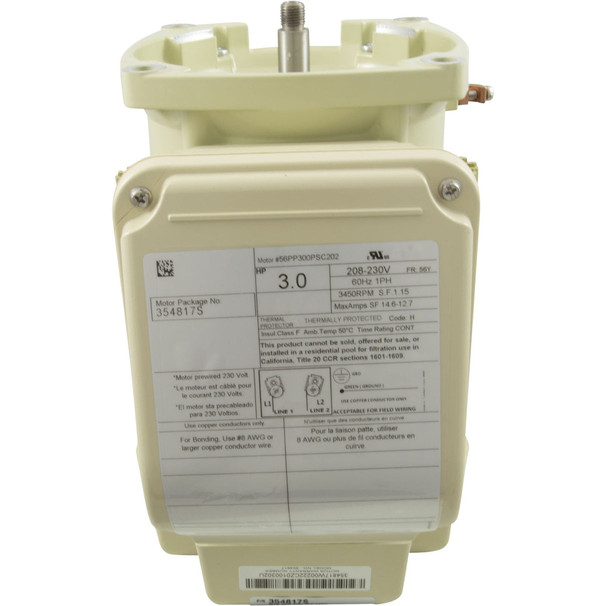 Motor, Pentair WF/WFXF, 3.0hp, 208-230v, 1-Spd, 56Y, SQFL, TEFC : 354817S