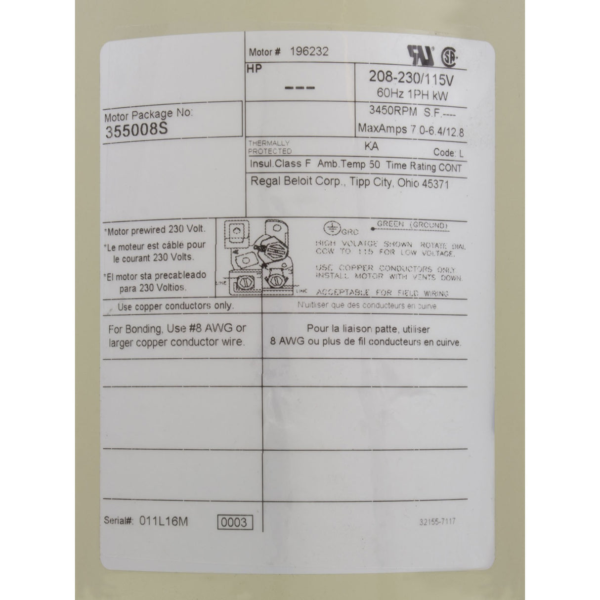 Motor, Pentair SF/WF, 0.75hp, 115/208-230v, 1-Spd, SQFL, EE, Full : 355008S