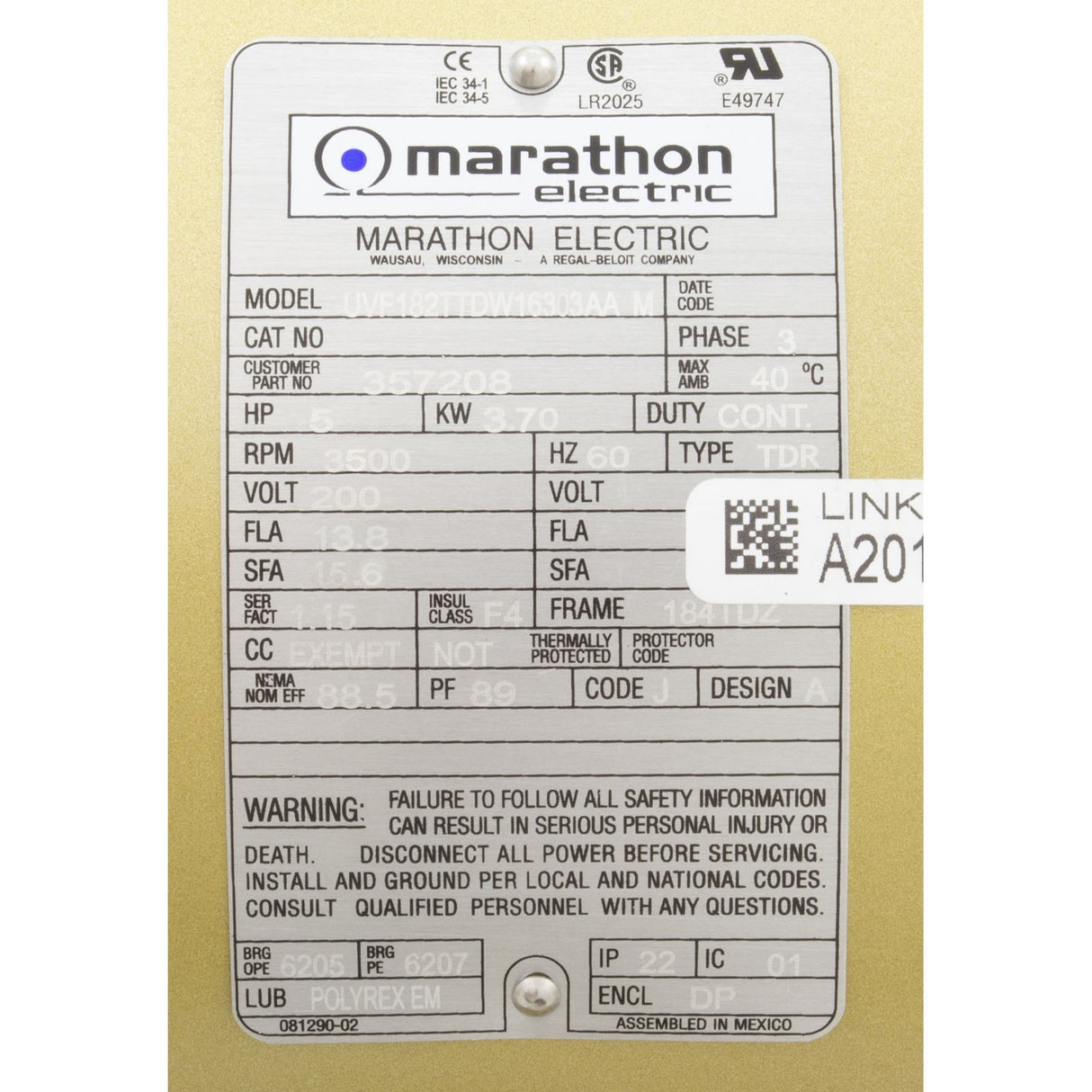 Motor, Pentair C Series, 5.0hp, 200v/208v, 3-Phase : 357206S