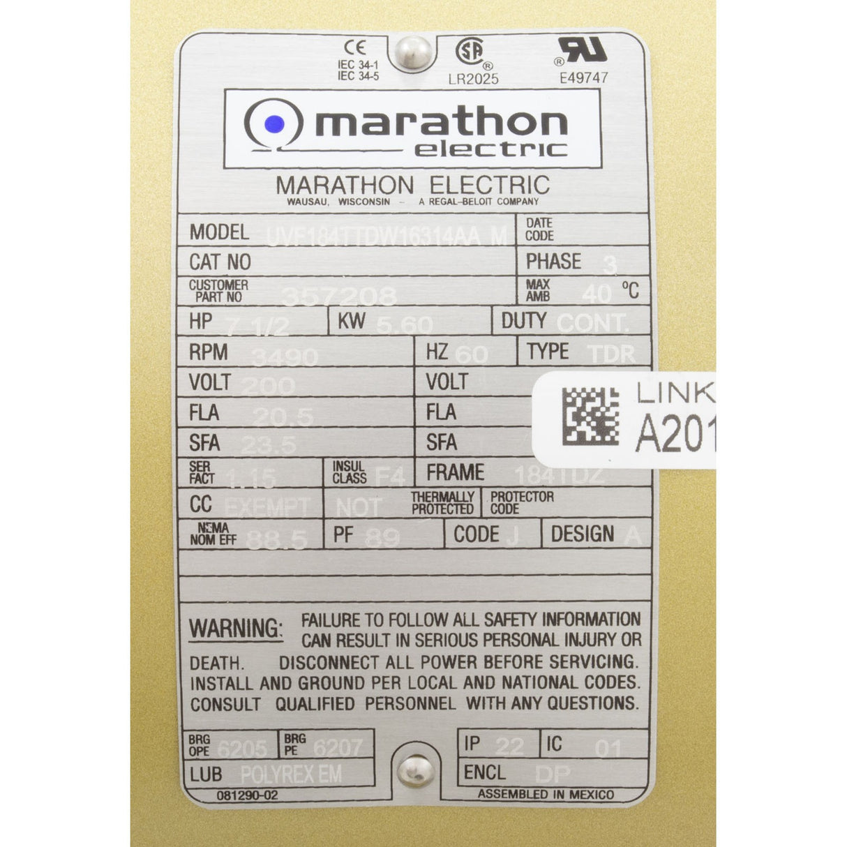 Motor, Pentair C Series, 7.5hp, 200v/208v, 1-Phase : 357207S