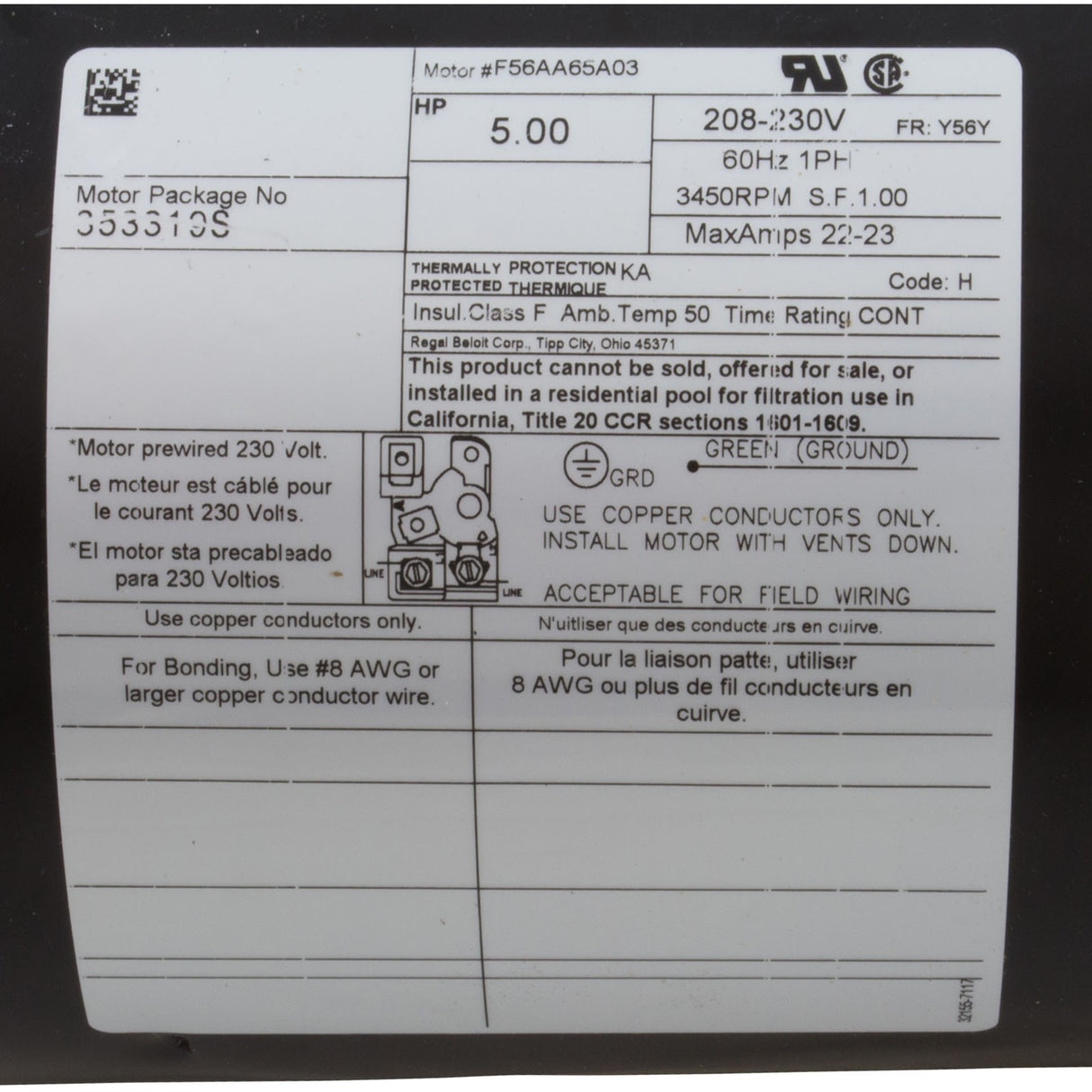 Motor, Pentair, 5.0hp, 230v, 1-Spd, 56Yfr, SQFL : 353319S