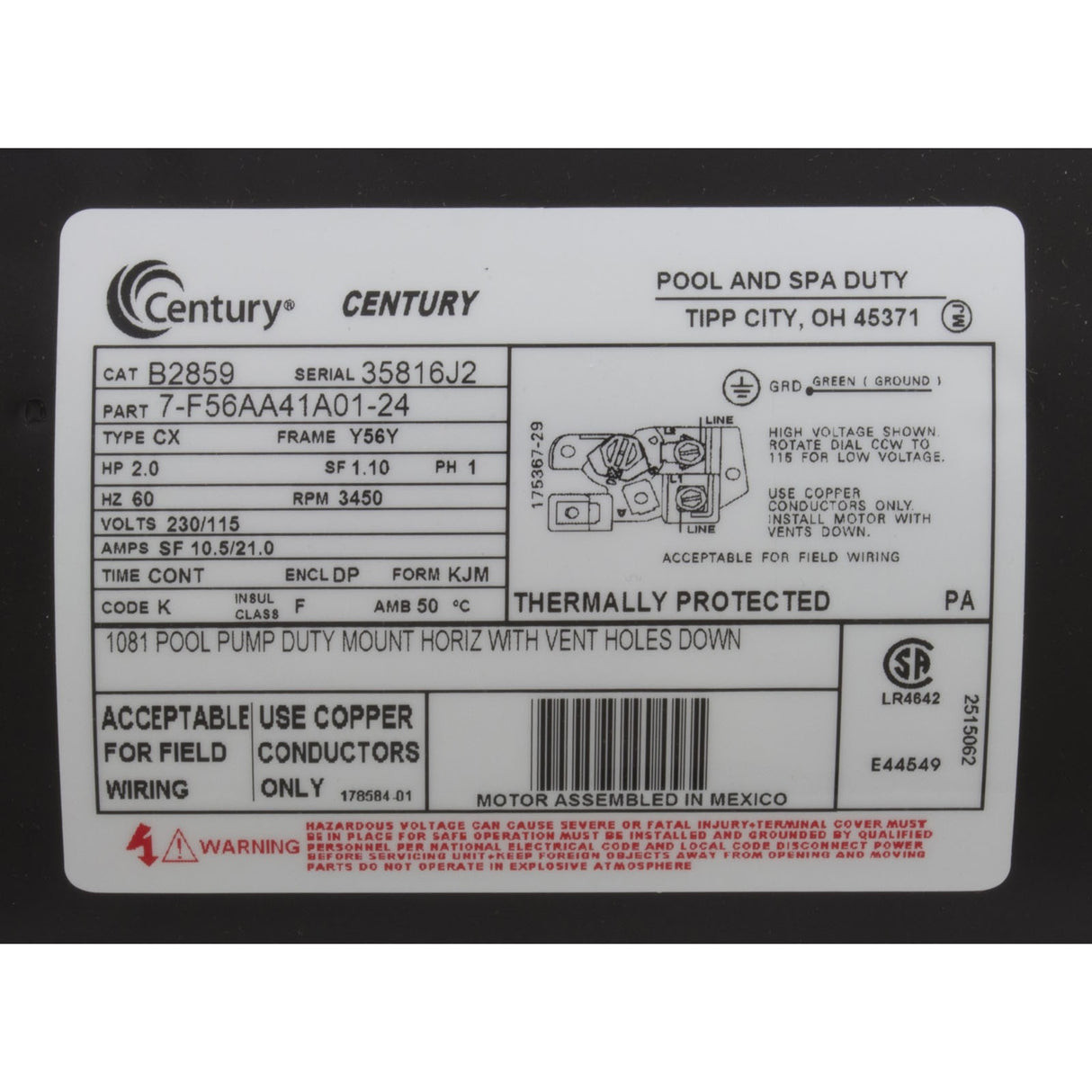 Motor, Century, 2hp, 115/230v, 1-Spd, 56Fr, Up Rate : B2859