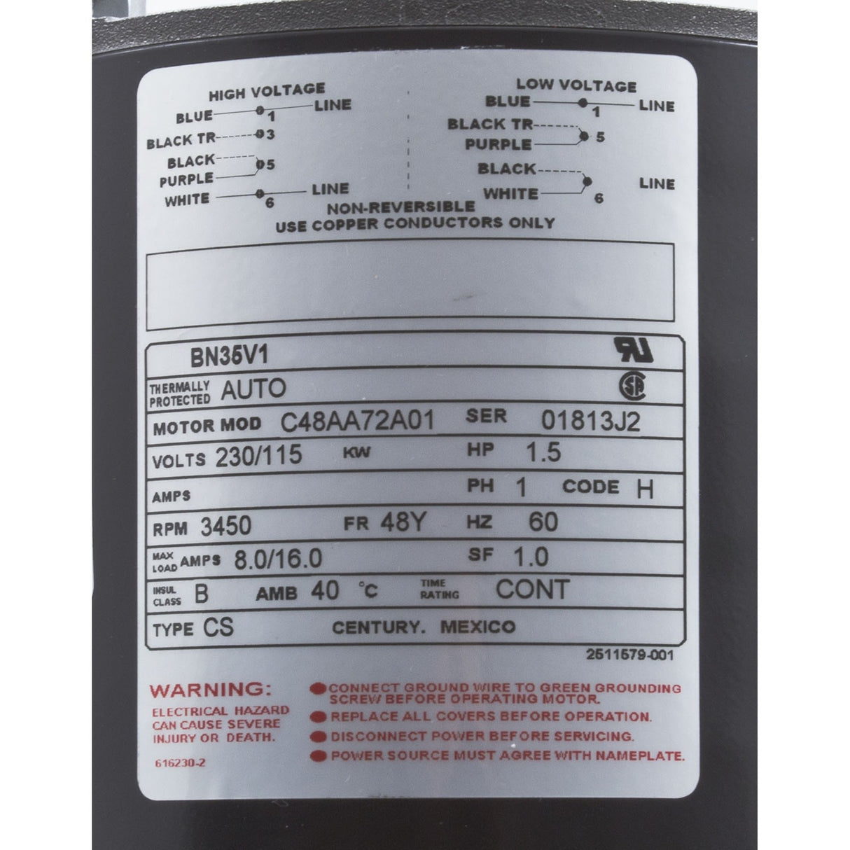 Motor, Century, 1.5 Horsepower, 115v/230v, 1 Speed, 48 Frame : BN35V1