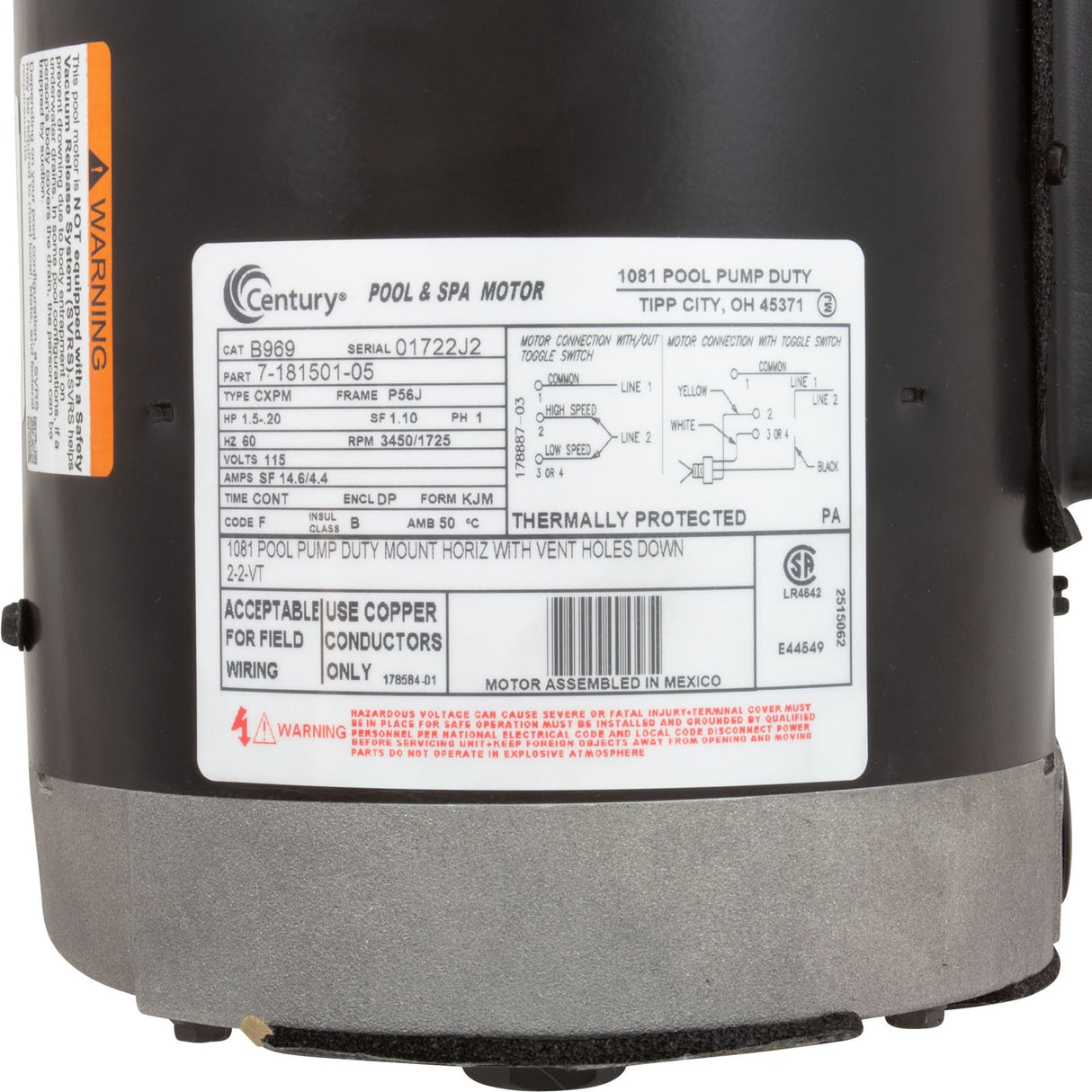 Motor, Century, 1.5hp, 2-Spd, 115v, 56JFr, C-Face, Full Rated, Thd : B969