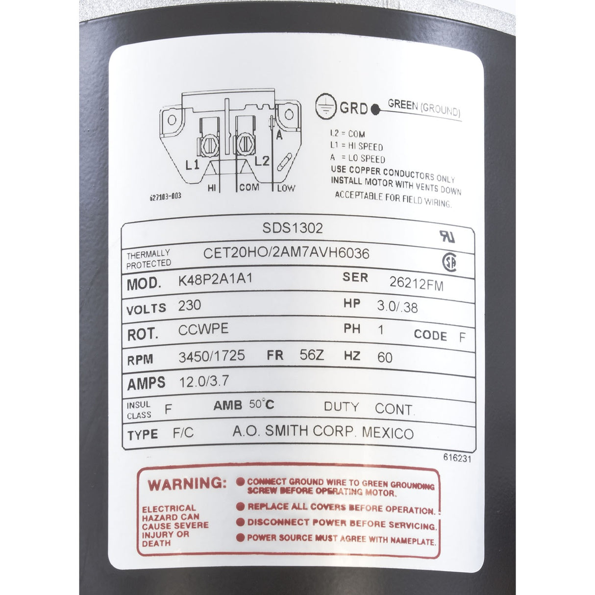 Motor, Century, 3.0 Horsepower, 230v, 2 Speed, 48 Frame : SDS1302