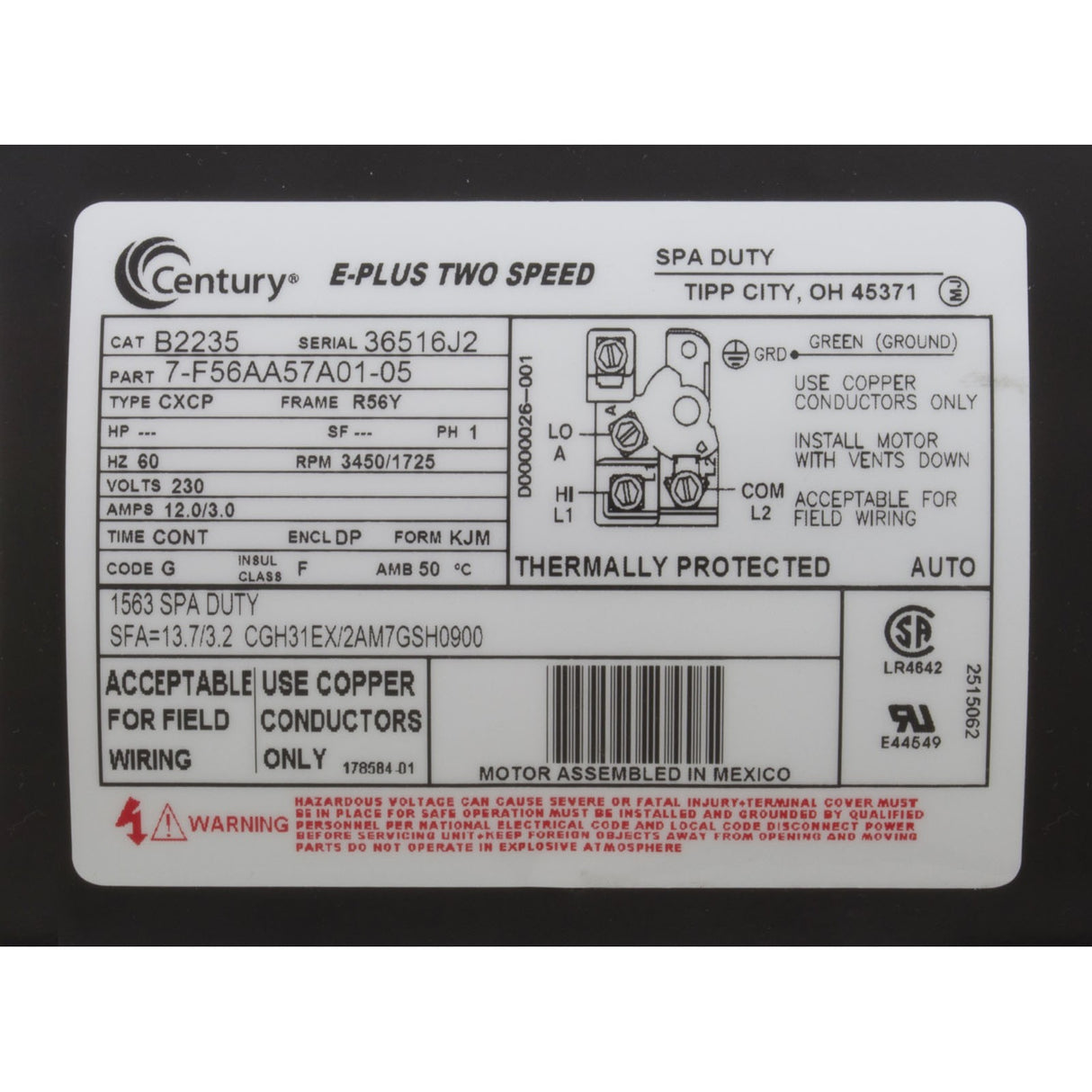 Motor, Century, 4.0 Horsepower, 230v, 2 Speed, 56 Y Frame : B2235