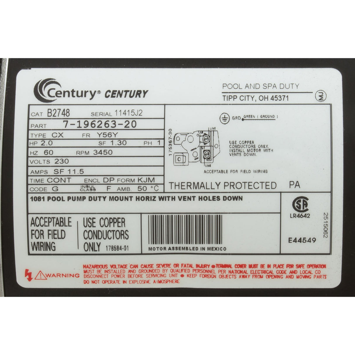 Motor, Century, 2.0hp, 230v, 1-Spd, 56Yfr, SQFL : B2748