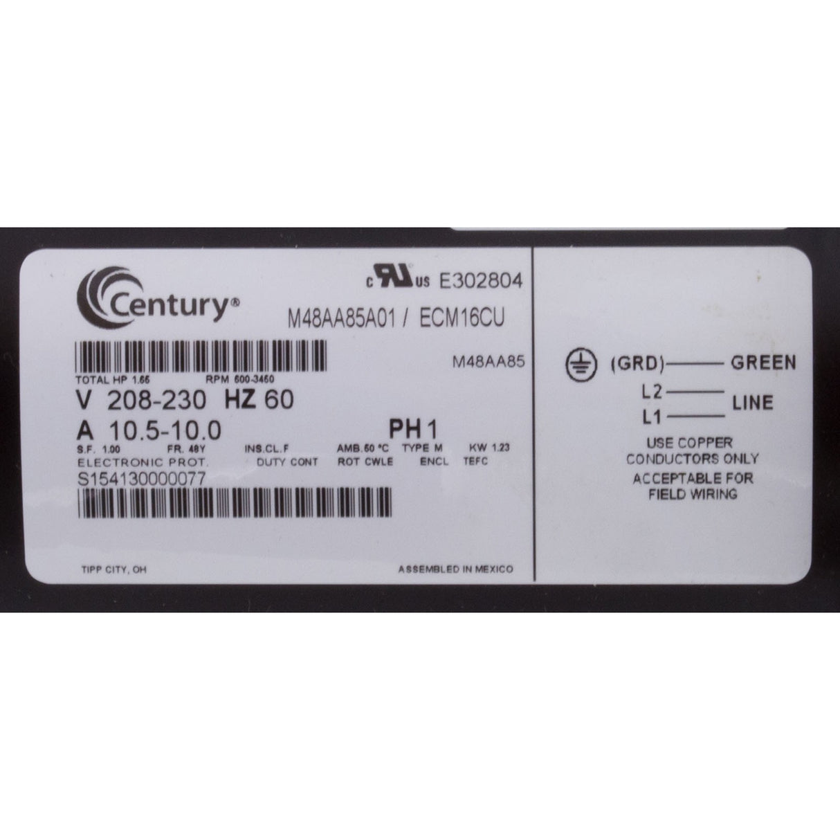 Motor, Century, 208v-230v, Var-Spd, 48fr, C-Face Thd, V-Grn : ECM16CU