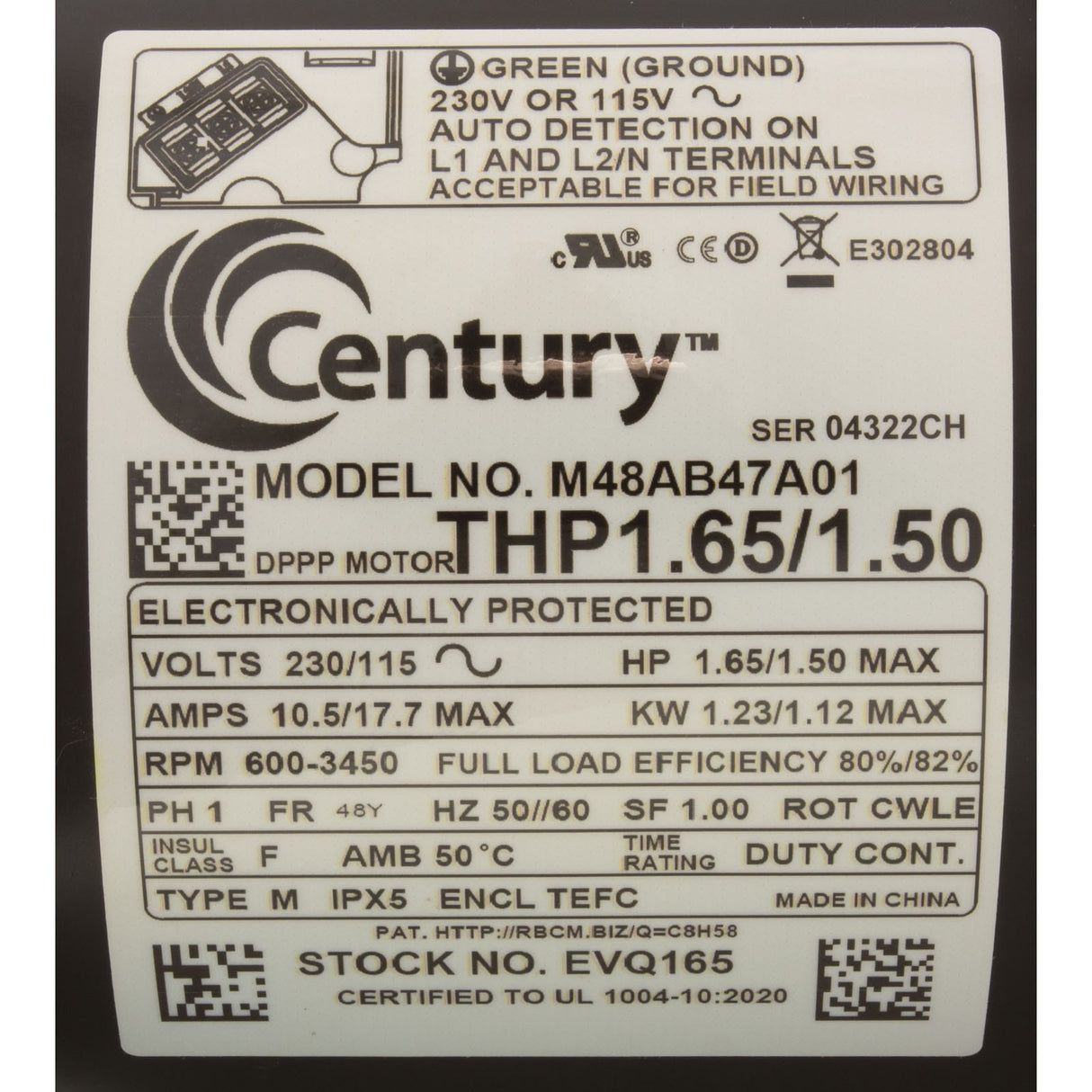 Motor, Century V-Green, 1.65hp, 115V/230V, 1Ph, 48YFr, TEFC : EVQ165