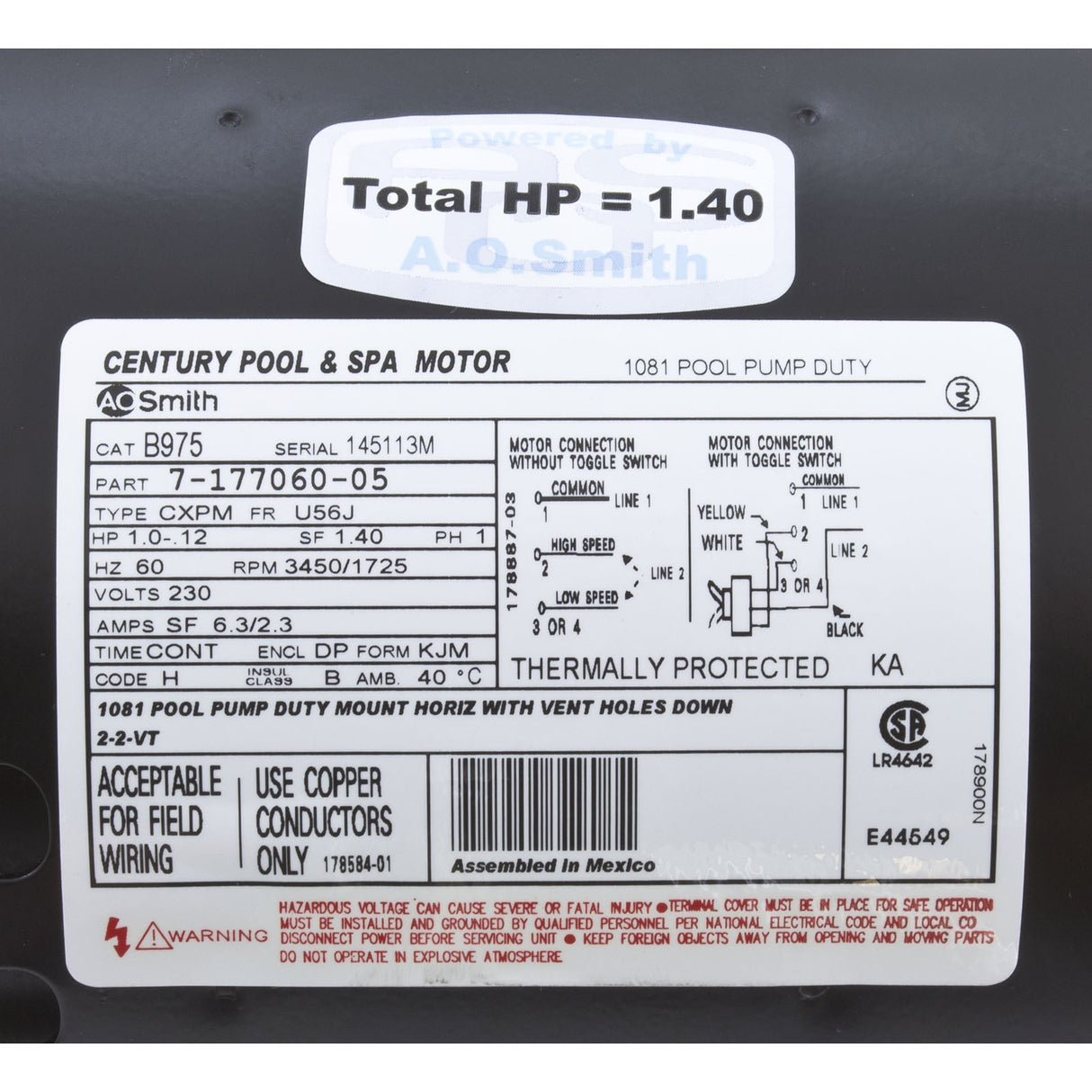 Motor, Century, 1.0hp, 230v, 2-Spd, 56Jfr, C-Face Thd : B2975