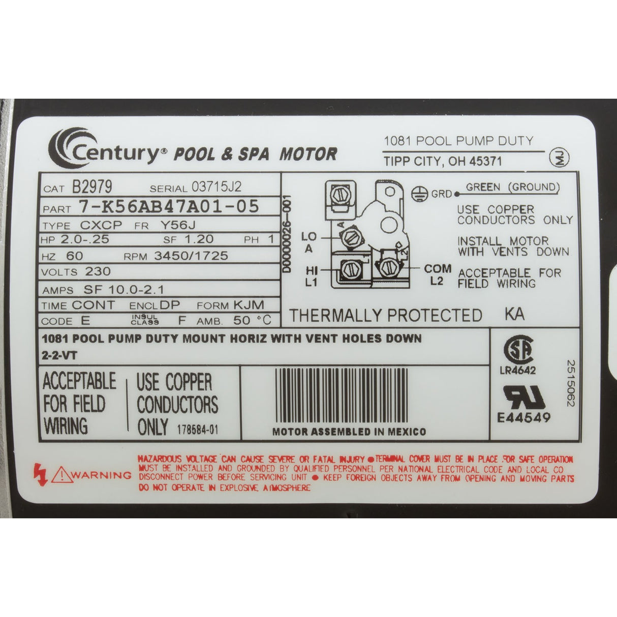 Motor, Century, 2.0hp, 230v, 2-Spd, 56Jfr, C-Face Thd : B2979