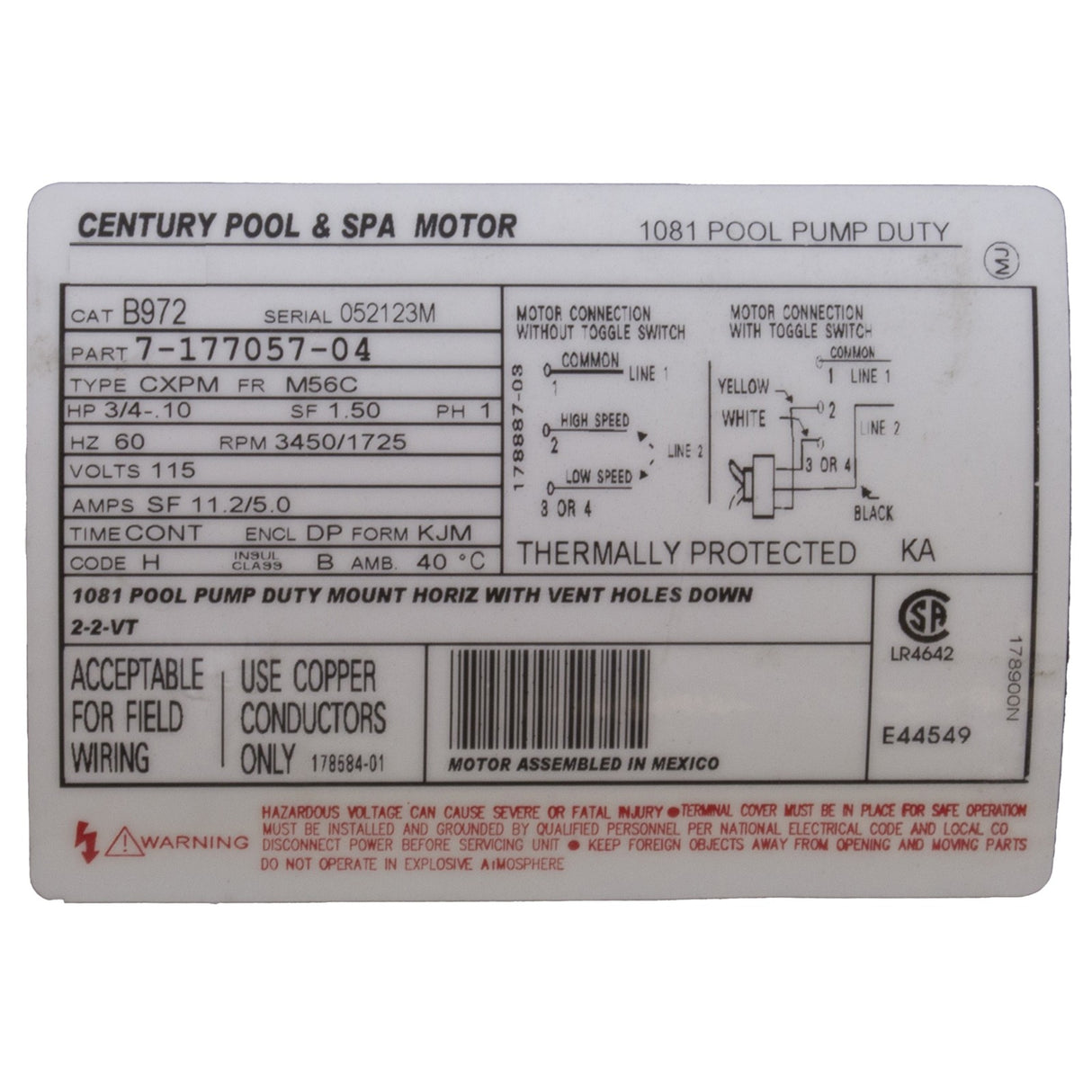 Motor, Century, 0.75hp, 115v, 2-Spd, 56Cfr, C-Face Key : B972
