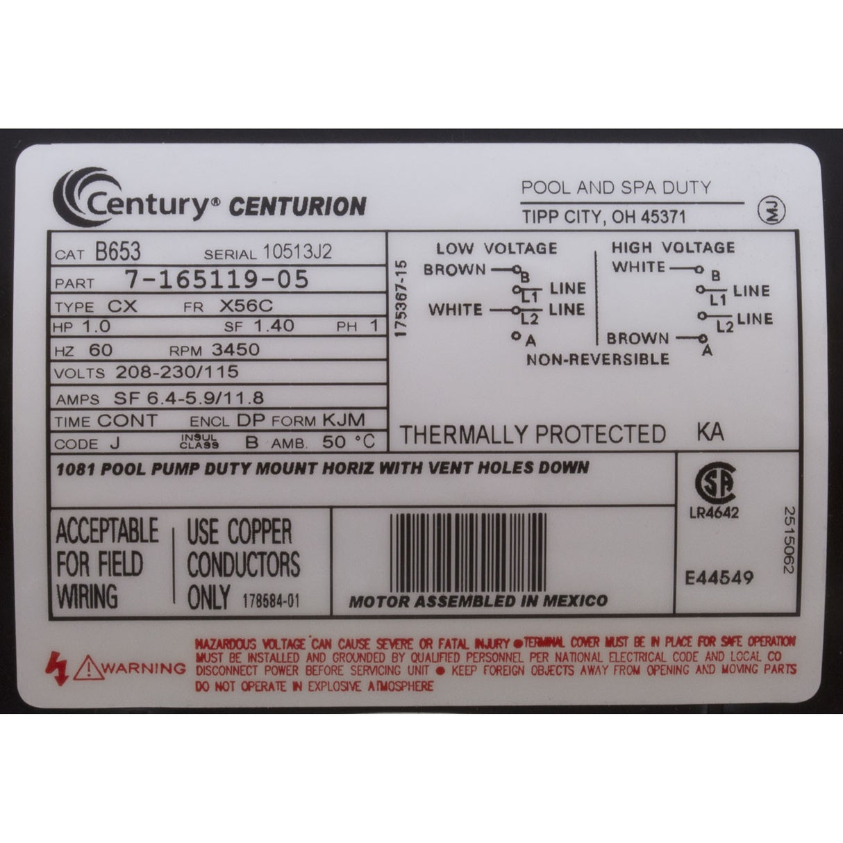 Motor, Century, 1.0hp, 115v/208-230v, 1-Spd, 56Cfr, C-Face Key, EE : B653