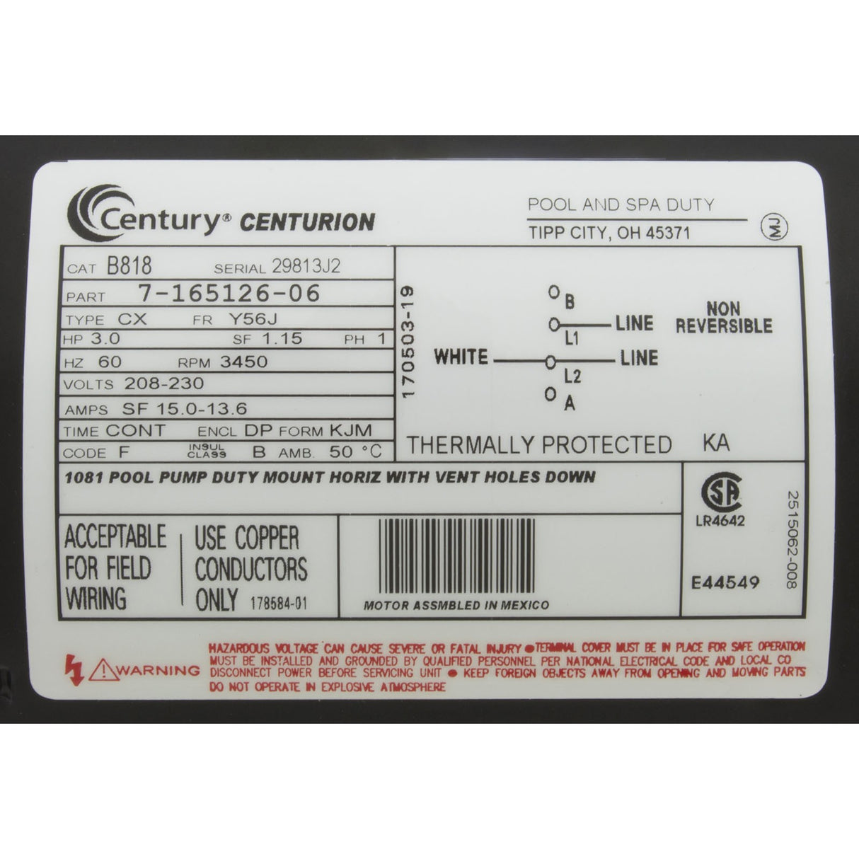 Motor, Century, 3.0hp, 208v-230v, 1-Spd, 56Jfr, C-Face Thd, EE : B818