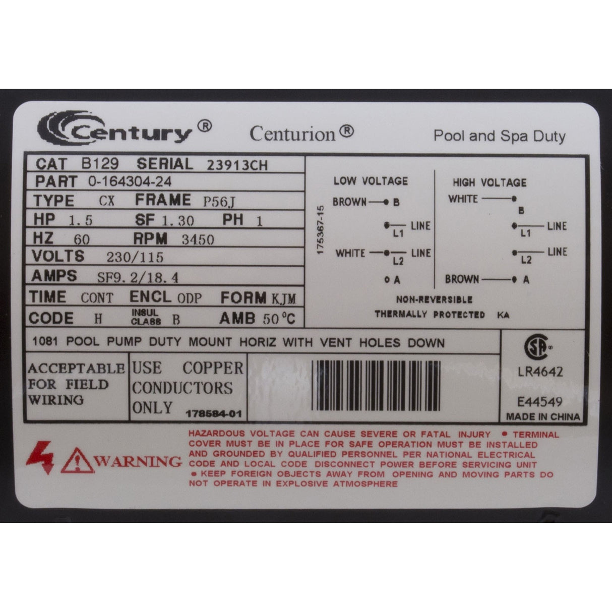 Motor, Century, 1.5hp, 115v/230v, 1-Spd, 56Jfr, C-Face Thd : B129