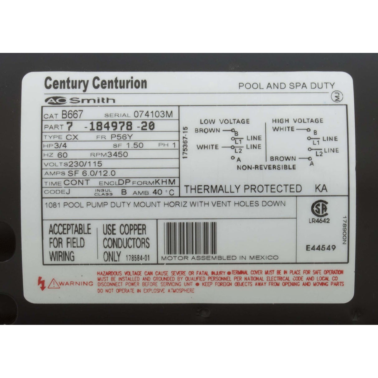 Motor, Century, 0.75hp, 115v/230v, 1 Spd, 56Yfr, Thd, No SVRS : B662