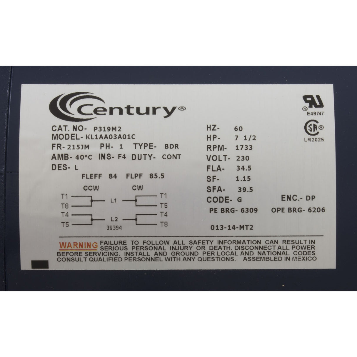 Motor, Century, 7.5hp, 230v, 1 Spd, 215JM Frame : P319