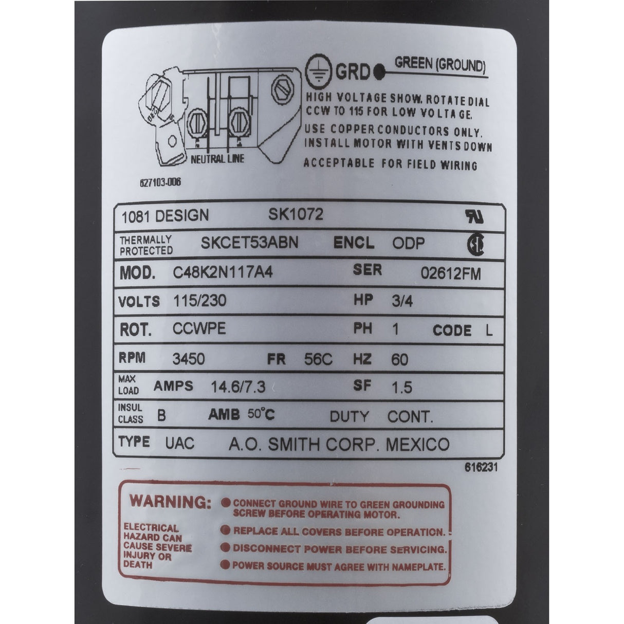 Motor, Century, 0.75hp, 115v/230v, 1-Spd, 56Cfr, C-Face Key : SK1072