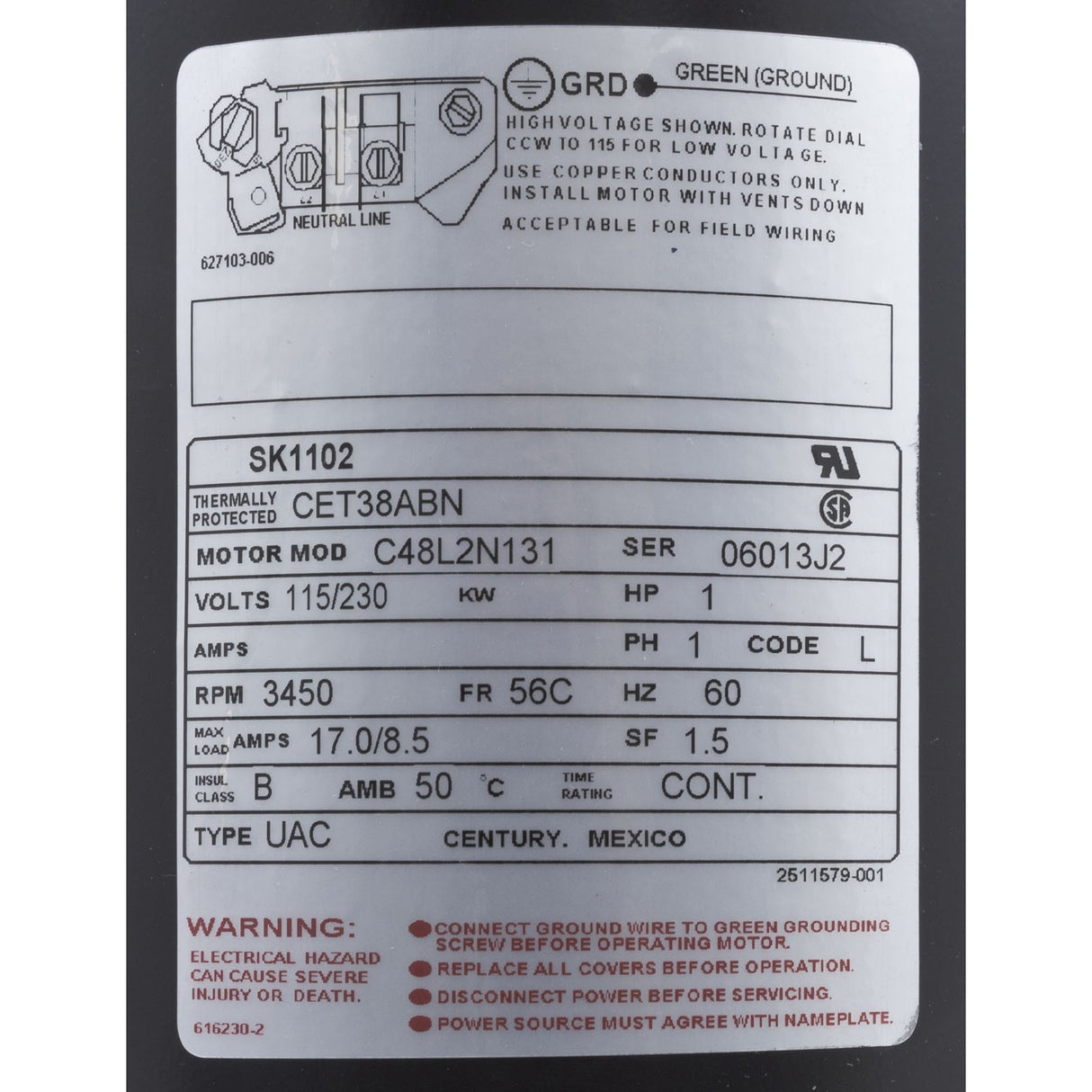 Motor, Century, 1.0hp, 115v/230v, 1-Spd, 56Cfr, C-Face Key : SK1102