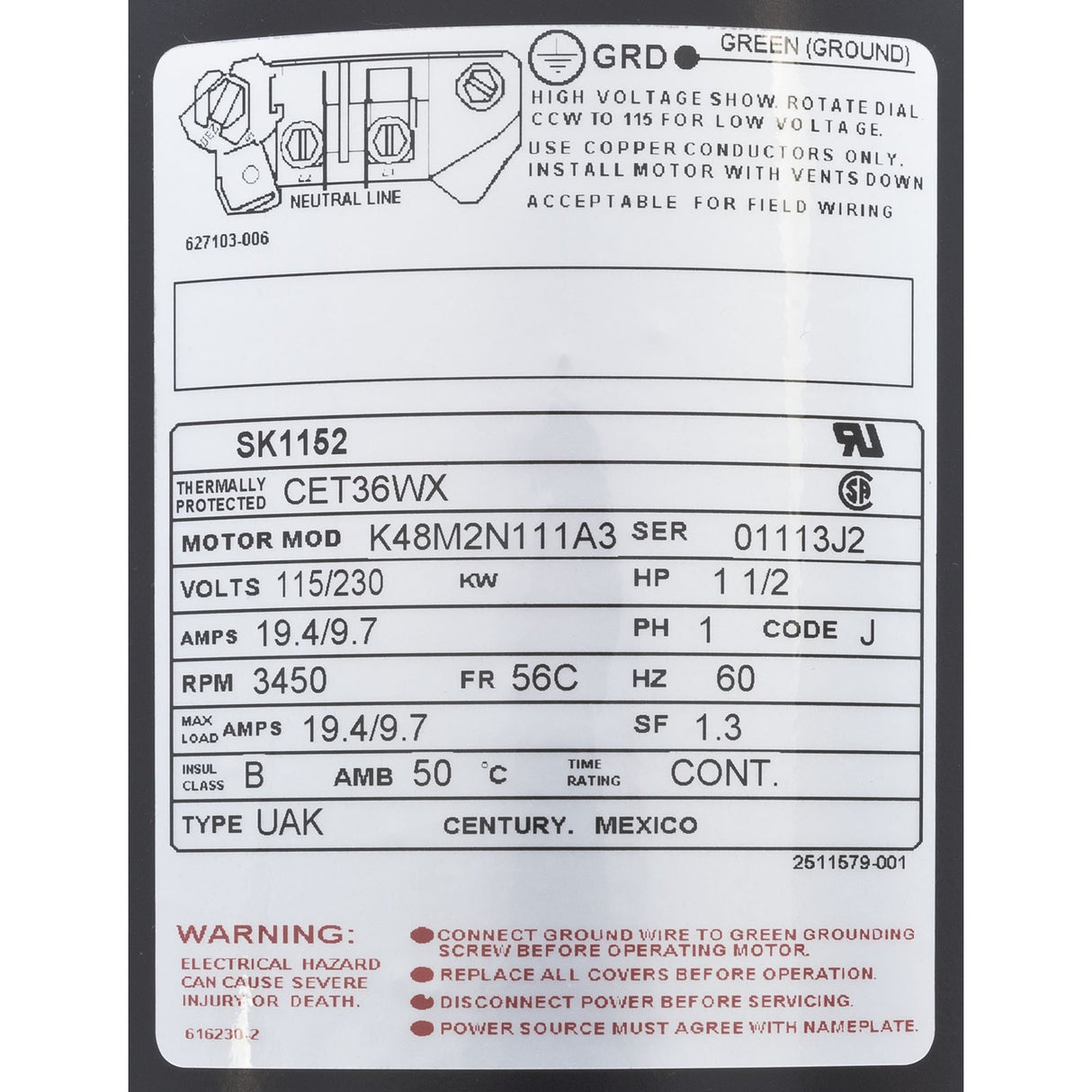 Motor, Century, 1.5hp, 115v/230v, 1-Spd, 56Cfr, C-Face Key : SK1152
