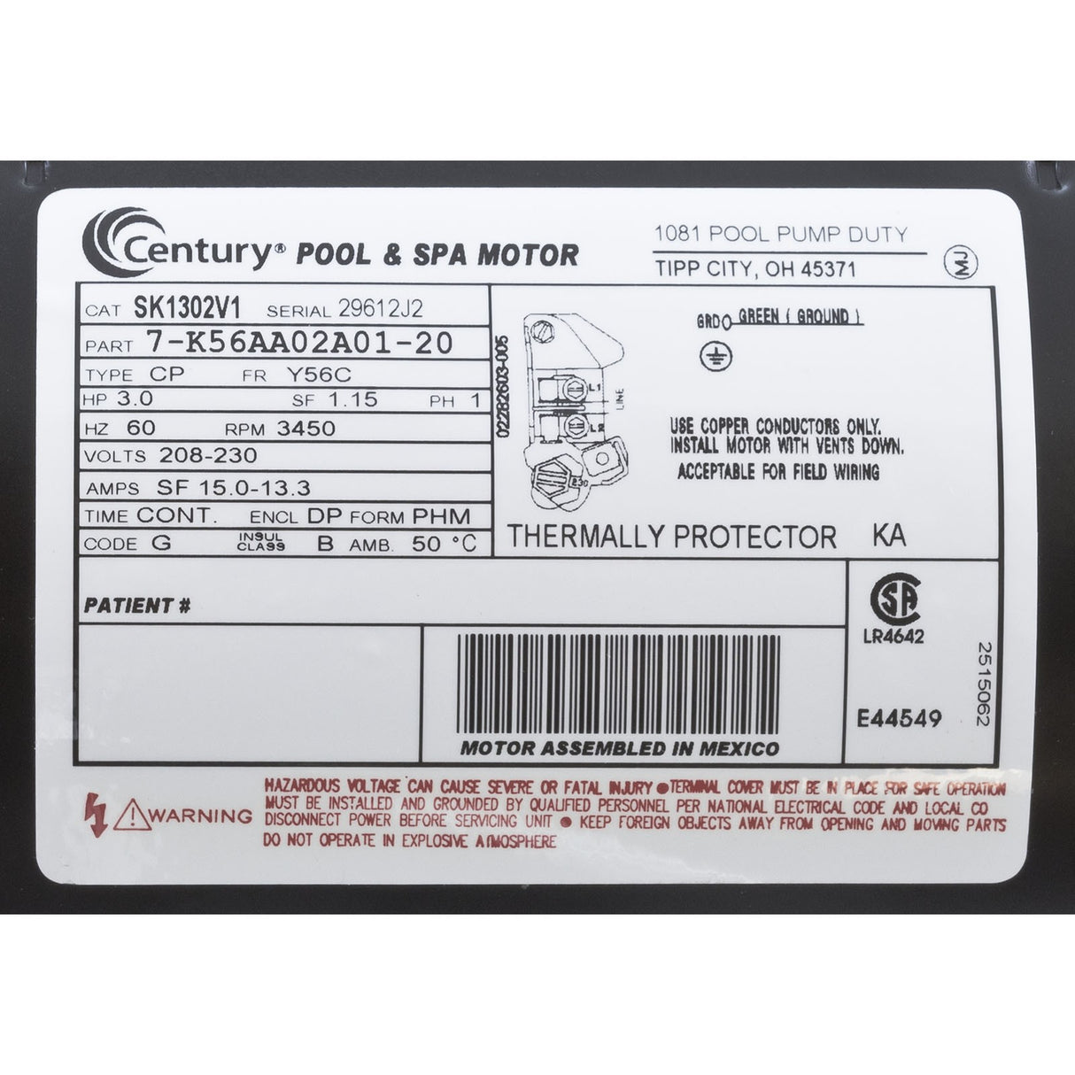 Motor, Century, 3.0hp, 208-230v, 1-Spd, 56Cfr, C-Face Key, EE : SK1302V1