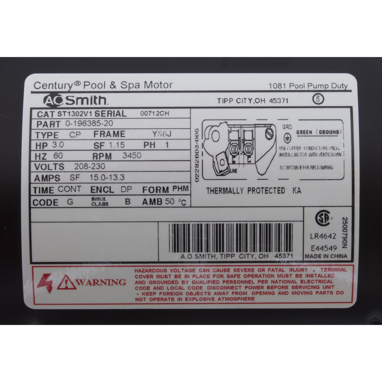 Motor, Century, 3.0hp, 208v-230v, 1-Spd, 56Jfr, C-Face Thd, EE : ST1302V1