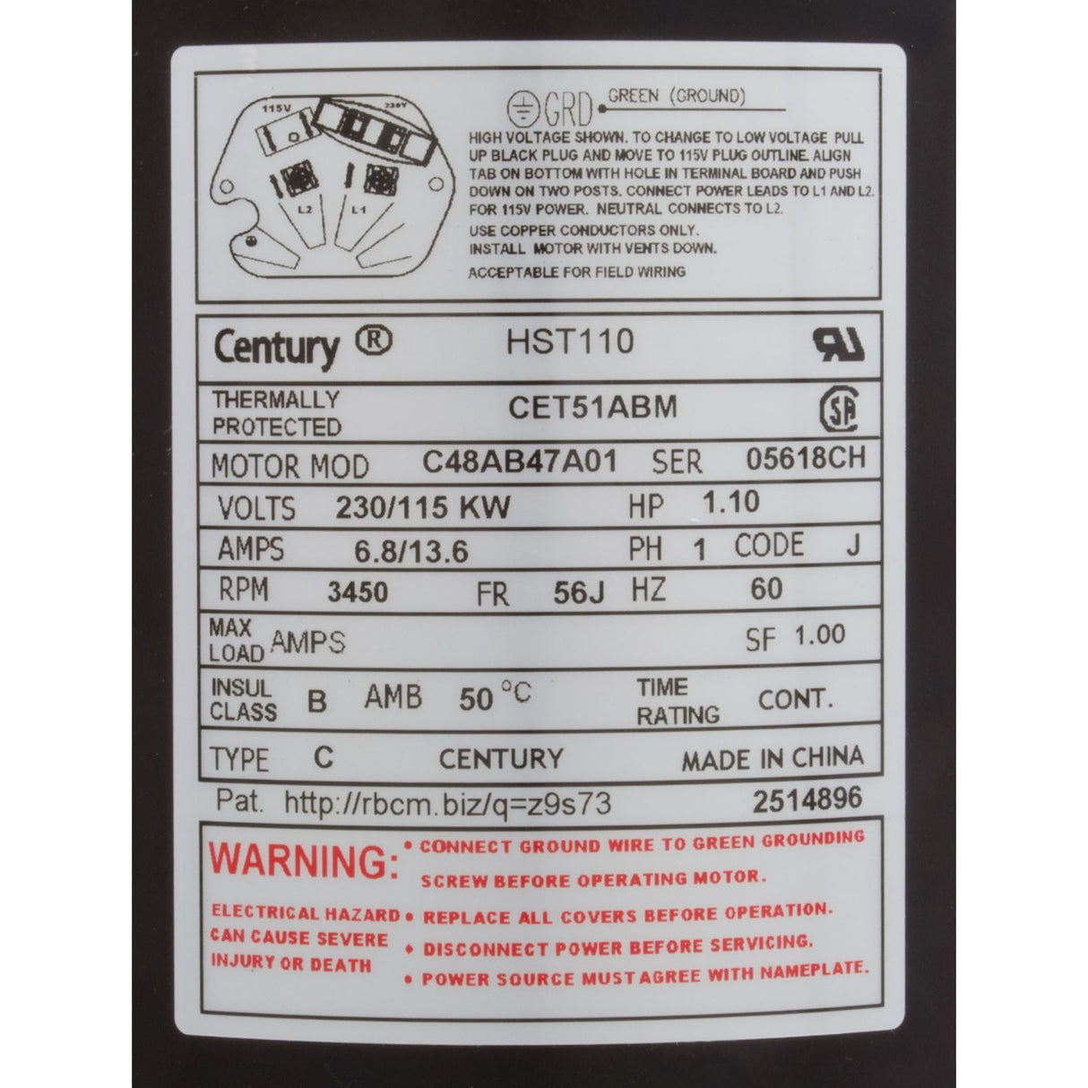 Motor, Century Cent PRO, 1.0hp, 1Spd, 115/230v, CFace, 56Jfr, Thd : HST110