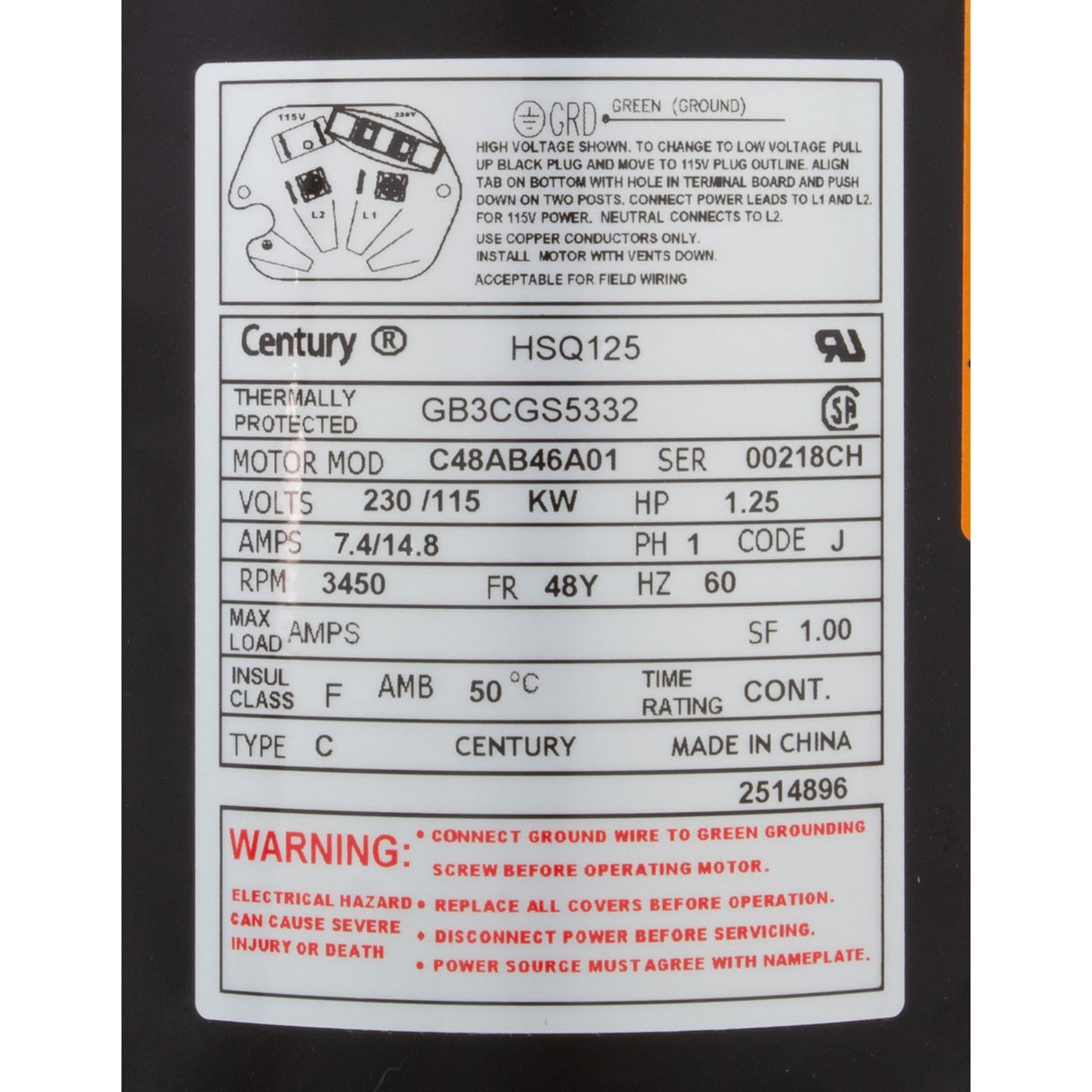 Motor, Century Cent PRO, 1.25hp, 115/230v, 1Spd, SQFL, 48Yfr, Thd : HSQ125