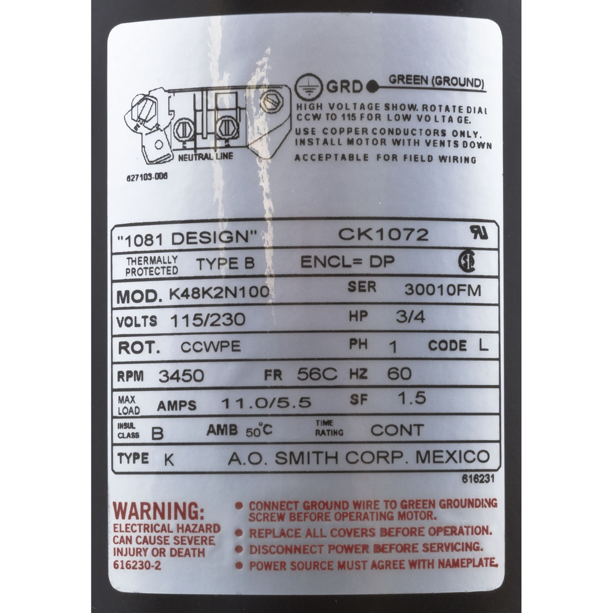 Motor, Century, 0.75hp, 115v/230v, 1-Spd, 56Cfr, C-Face Key : CK1072
