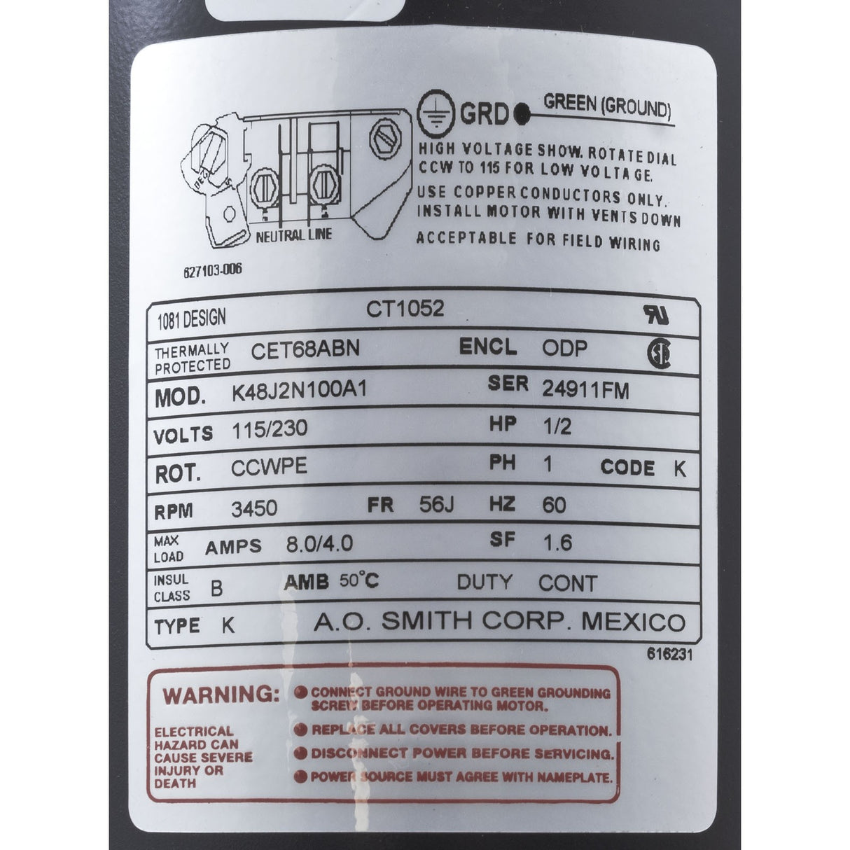 Motor, Century, 0.5hp, 115v/230v, 1-Spd, 56Cfr, C-Face Thd, EE : CT1052