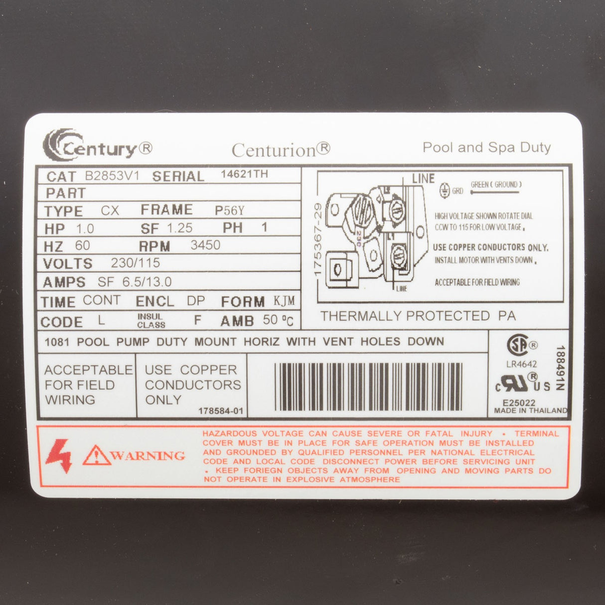 Motor, Century, 1.0hp, 115/230v, 1-Spd, 56YFr, SQFL, Uprate : B2853V1
