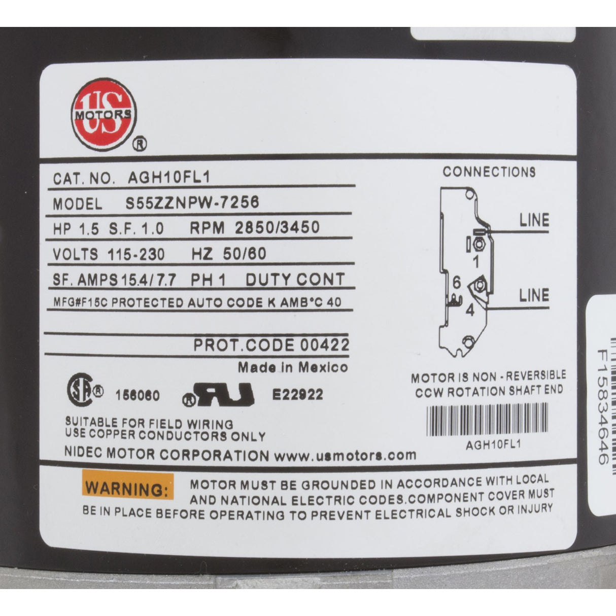 Motor, US Motor, 1.5 Horsepower, Thru Bolt 1-Speed, 115/230v : AGD15FL1