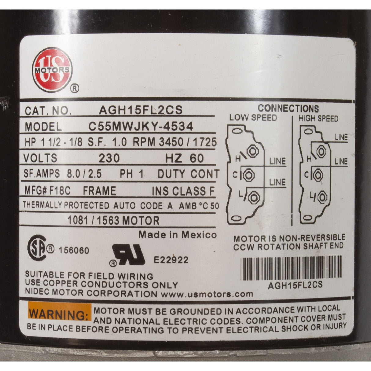 Motor, US Motor, 1.5 Horsepower, ThruBolt, 2-Speed, 230v, 48Y : AGH15FL2CS