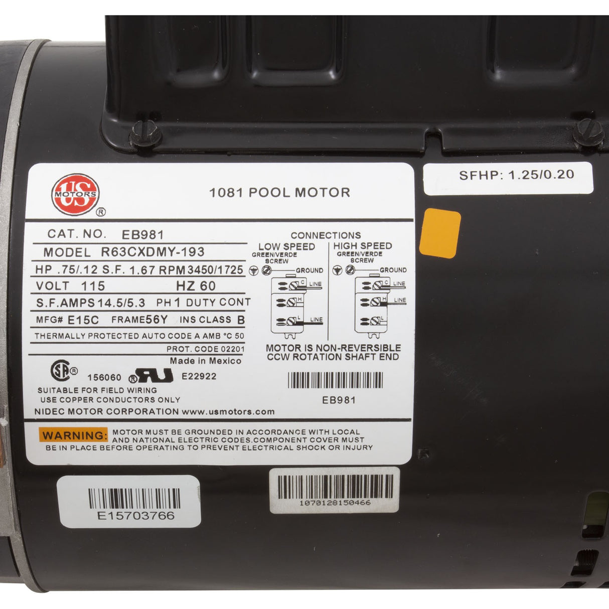 Motor, Nidec/US Motor, 0.75hp, 115v, 2-Spd, 56Yfr, SQFL, Full : EB981
