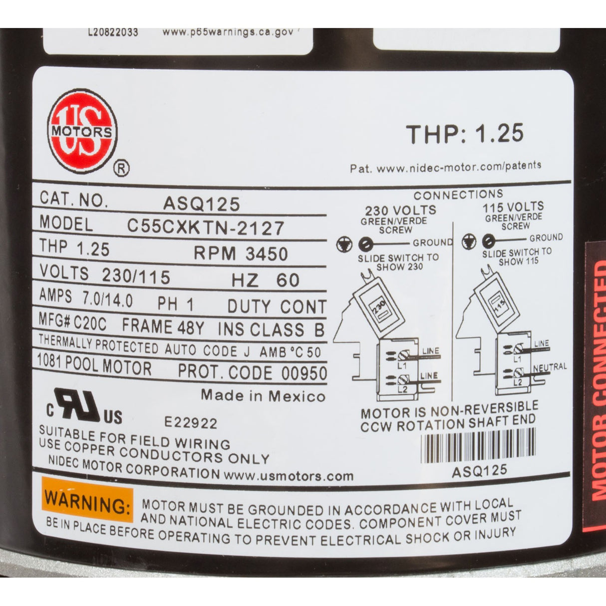 Motor, Nidec/US Motor, 0.75hp, 115/230v, 1-Spd, 48Yfr, SQFL : ASQ125