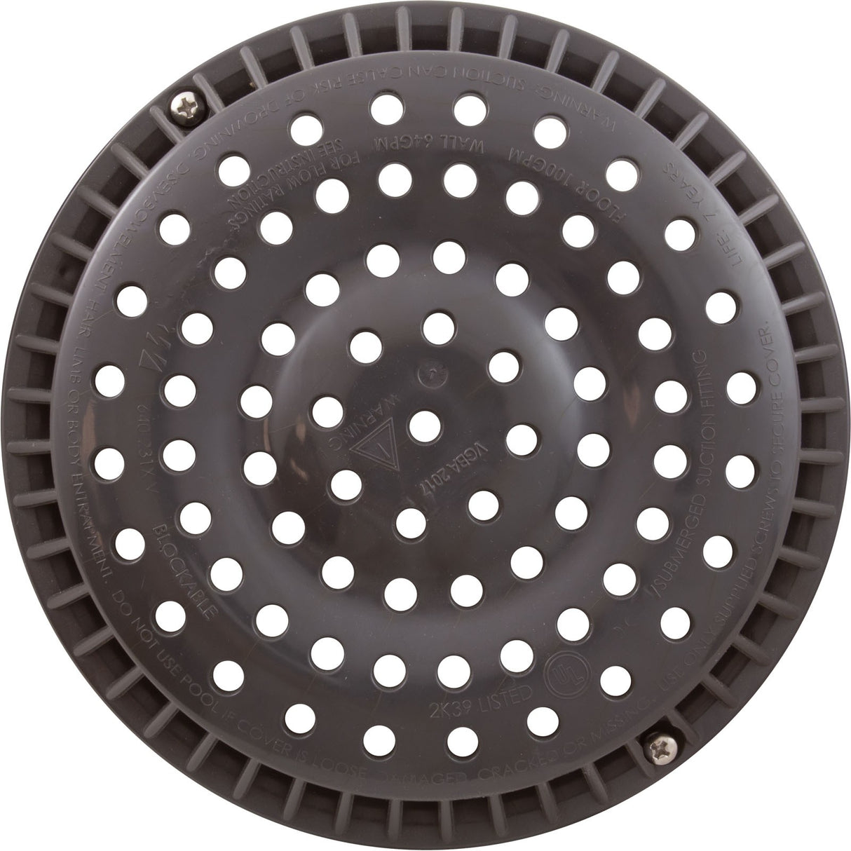 Main Drain Grate, WW Anti-Vortex, 8" Round, w/o Screws, Dk Gry : 642-2159-DKG V