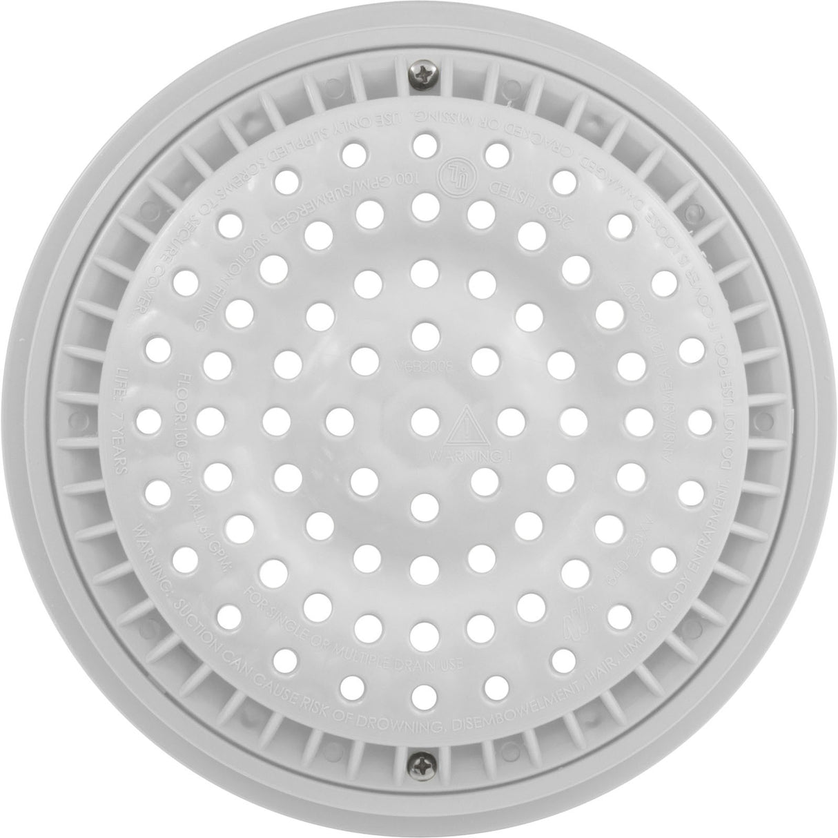 Main Drain Grate, WW Anti Vortex, 8" Rnd, w/Collar, White : 640-2310V