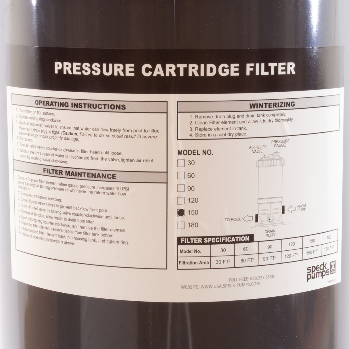 Cartridge Filter, Speck, ACF 150, 150 sqft, 150 GPM, 1-1/2", 72K : CF51A-00000-0CD