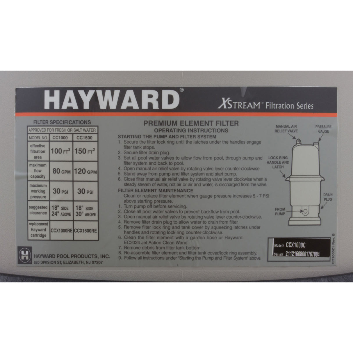 Tank Lid, Hayward XStream 100 sqft, with Lock Ring : CCX1000C - Hayward - 0610377845557 - PartsForSpas.com