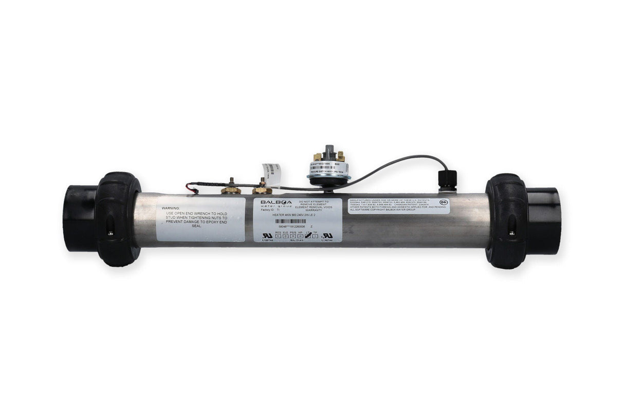 Heater Assembly, Jacuzzi, R574/576, 4.0kW, 230V, 2" x 15"Long, w/1.25 Psi Pressure Switch, Hi-Limit Sensor, Tailpieces : 58048