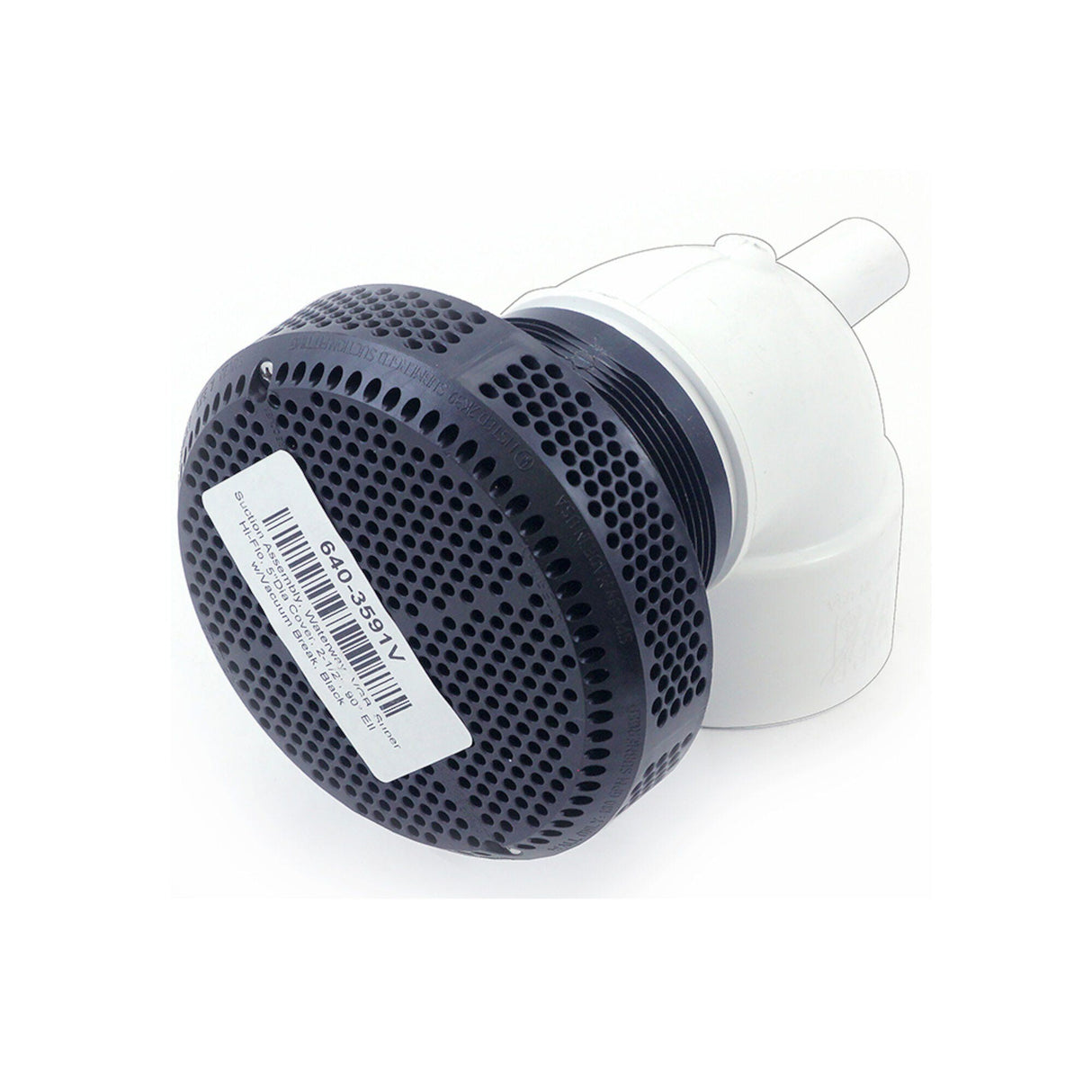 Suction Assembly, Waterway, VGB, Super Hi-Flo, 5"Dia Cover, 2-1/2", 90° Ell w/Vacuum Break, Black : 640-3591V
