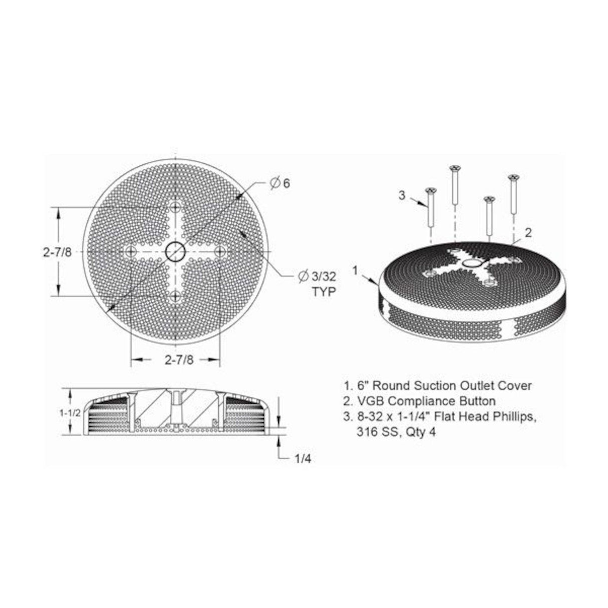 Suction Cover, AquaStar, VGB, Hydro-Air 6"Diameter, Black : 6HPHA102