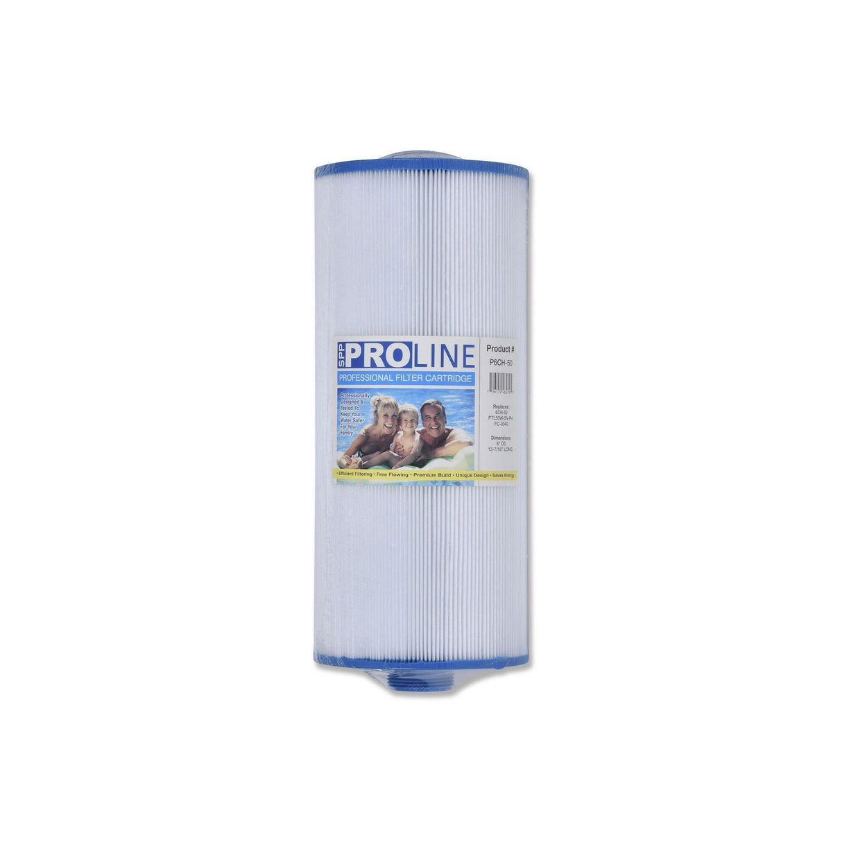 Filter Cartridge, Proline, Diameter: 6", Length: 13-7/16", Top: Semi Circular Handle, Bottom: 1-1/2" MPT, 50 sq ft : P6CH-50