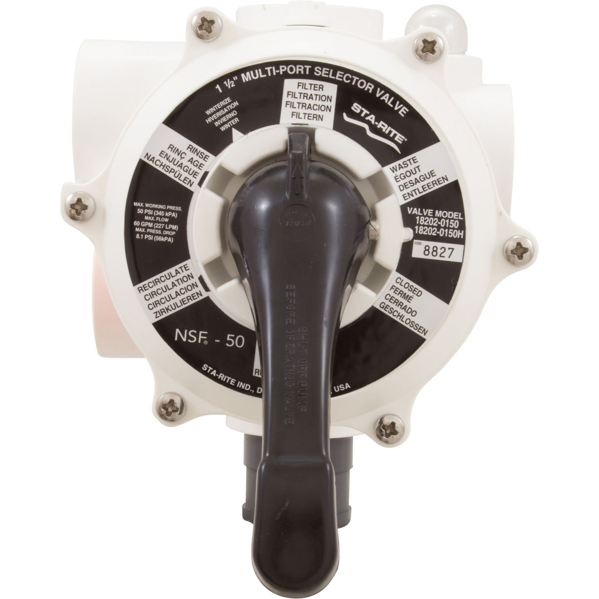 Multiport Valve, Sta-Rite Pentair 1-1/2" Side Mount, 6 Pos : 18202-0150H - StaRite/Pentair - 18202-0150H - PartsForSpas.com