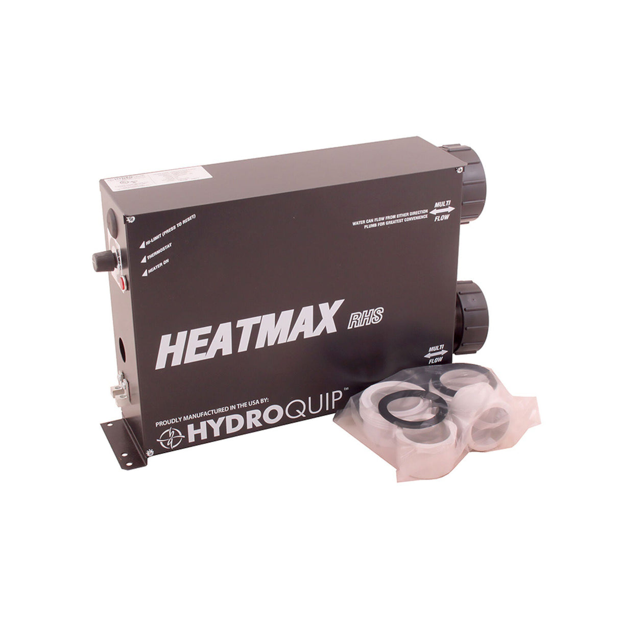 Heater Assembly, HydroQuip, Heatmax, Stand Alone, 5.5kW, 230V, w/T-Stat, Hi-Limit & Tailpieces : RHS-5.5