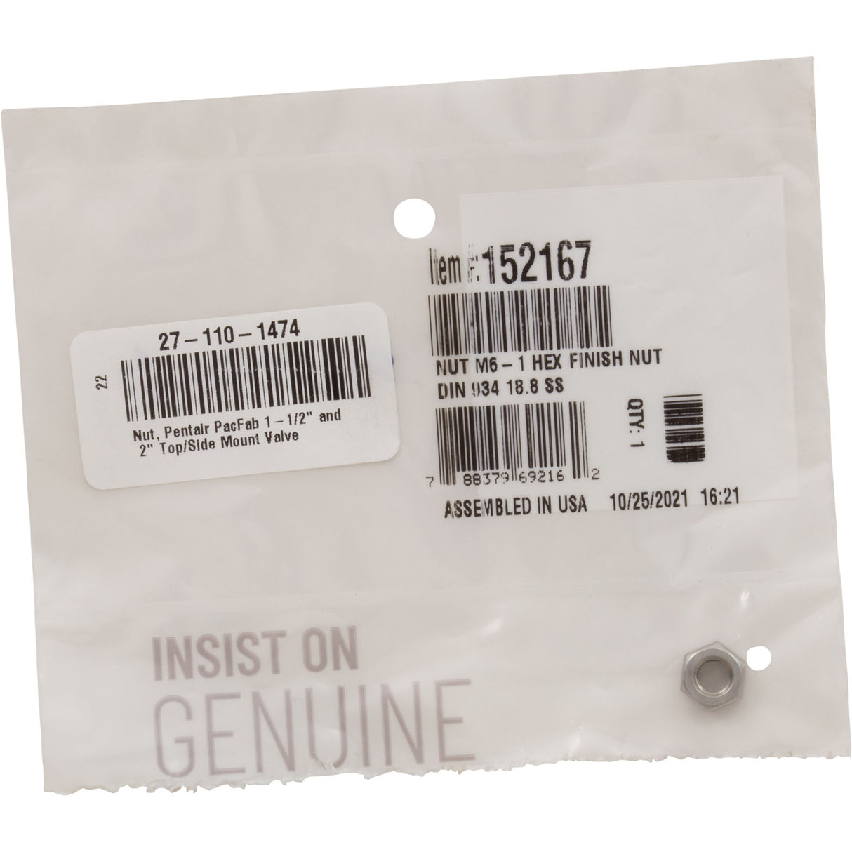 Nut, Pentair PacFab 1-1/2" and 2" Top/Side Mount Valve : 152167 - PacFab/Pentair - 788379692162 - PartsForSpas.com